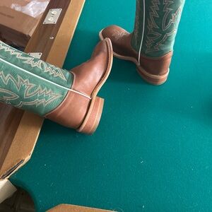 Green and Brown Heeled Boots with Decorative Stitching